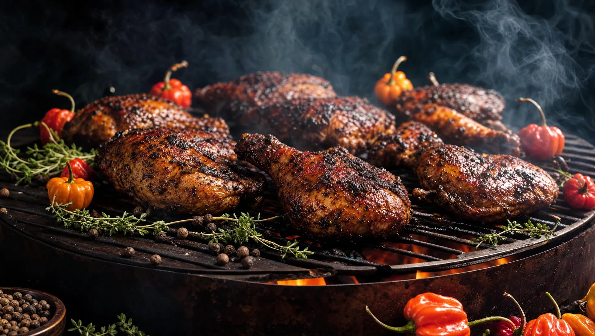 Jerk chicken flame-grilled over charcoal with scotch bonnet and thyme